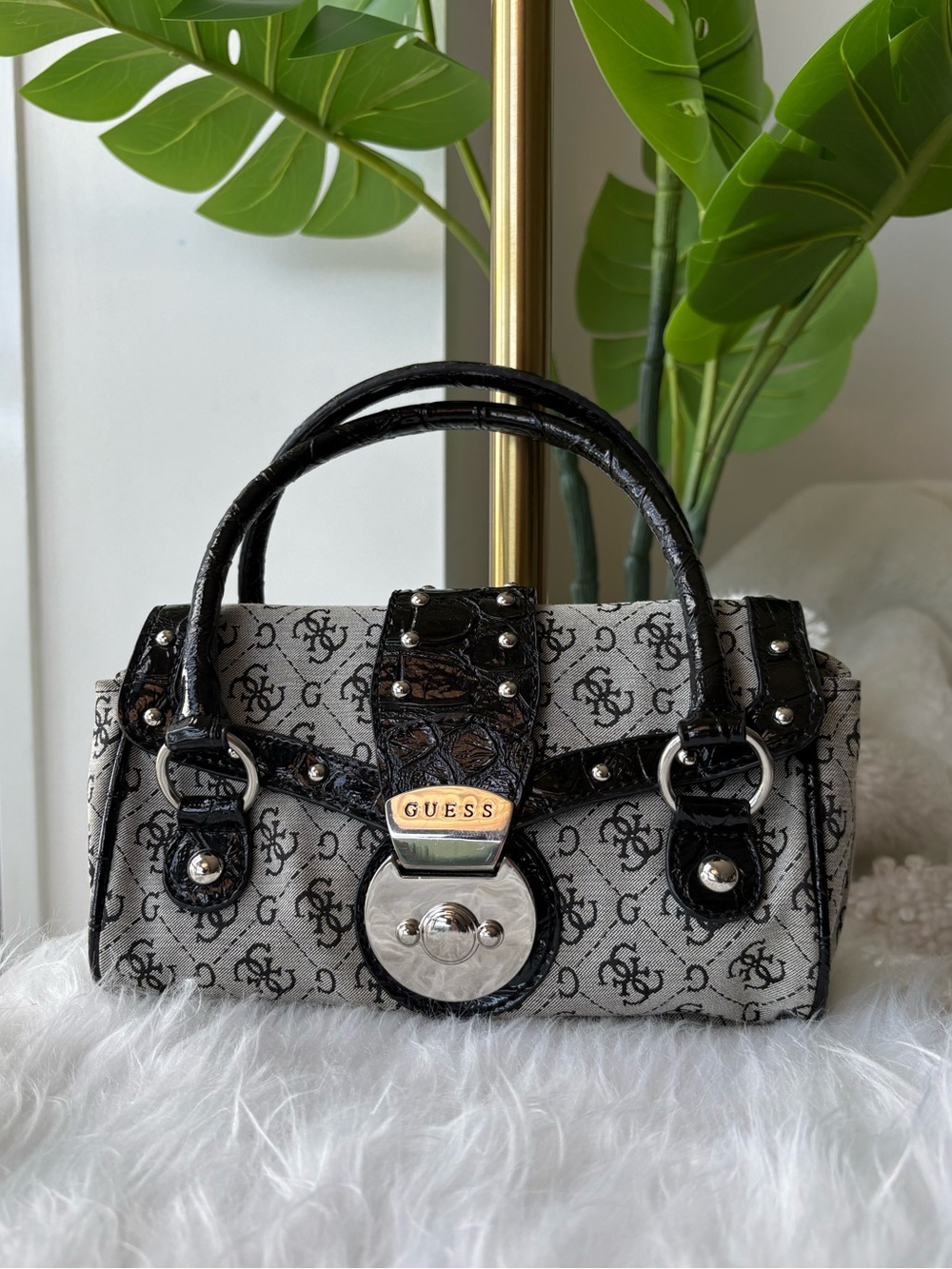 Vintage Y2K GUESS Sicily Grey Monogram Black Croc Studded Mini Satchel Bag